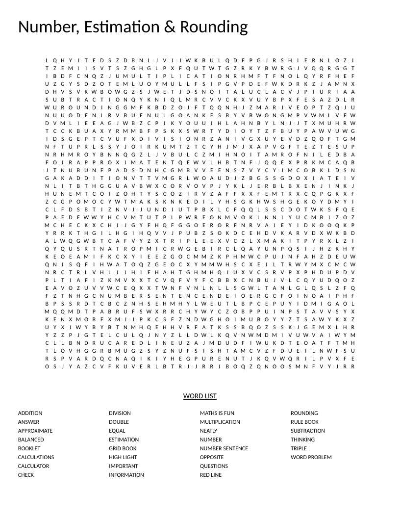 Math word search on number, estimation, and rounding with arithmetic vocabulary.