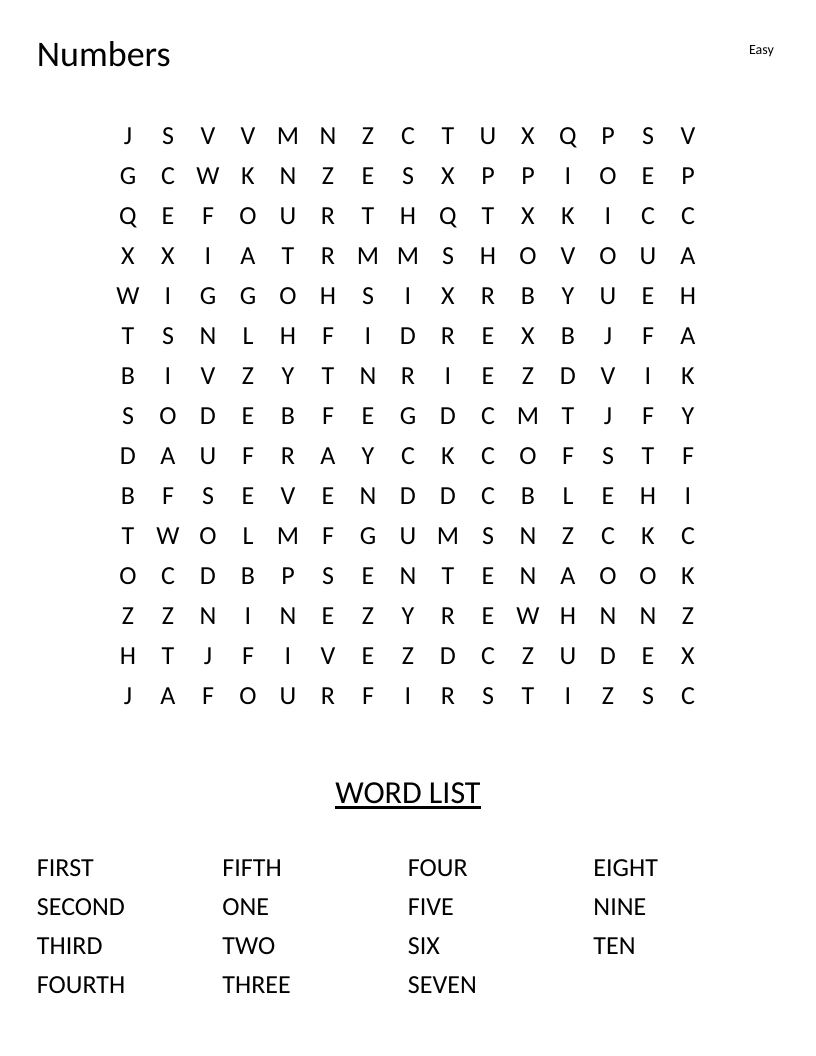 Numbers word search with words like one, two, three, first, and second for young learners.