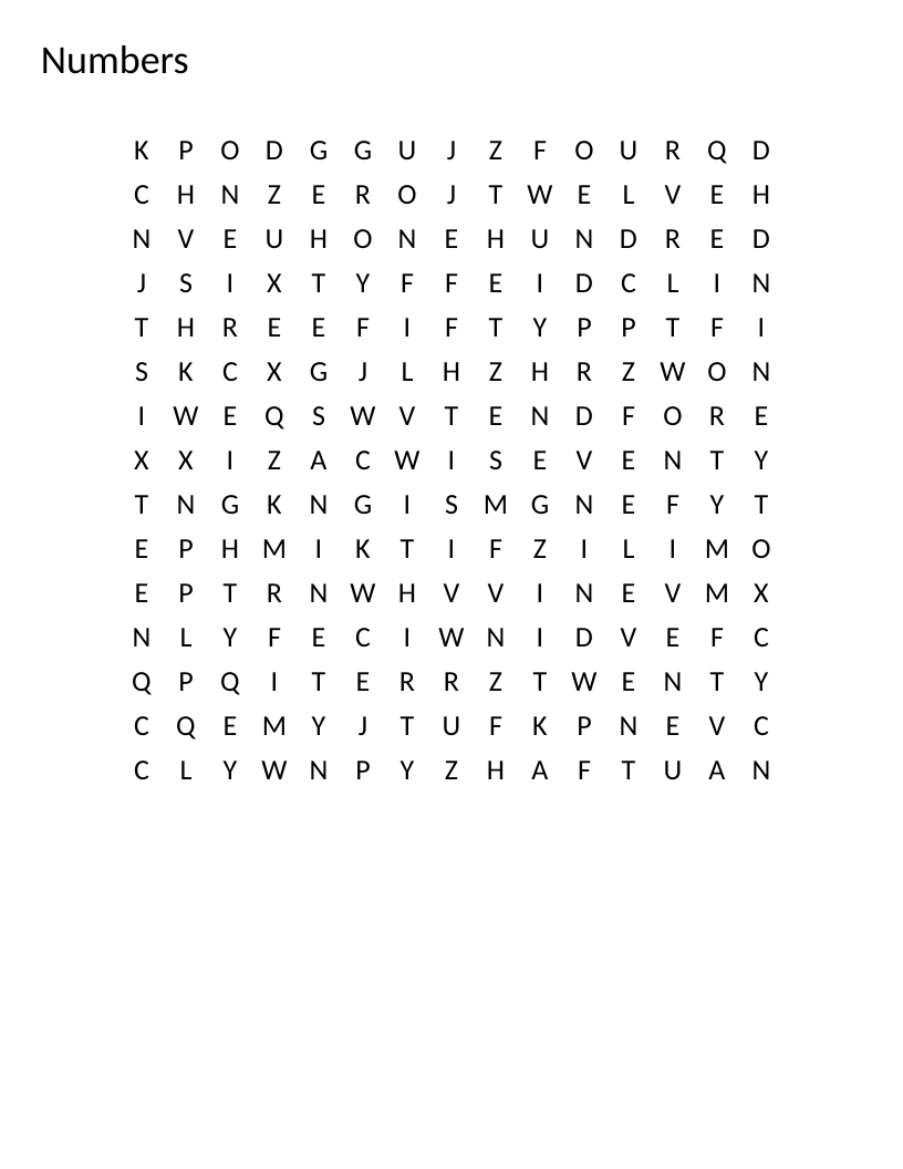 Numbers word search with words like eleven, thirty, fifty, and ninety for early learners.