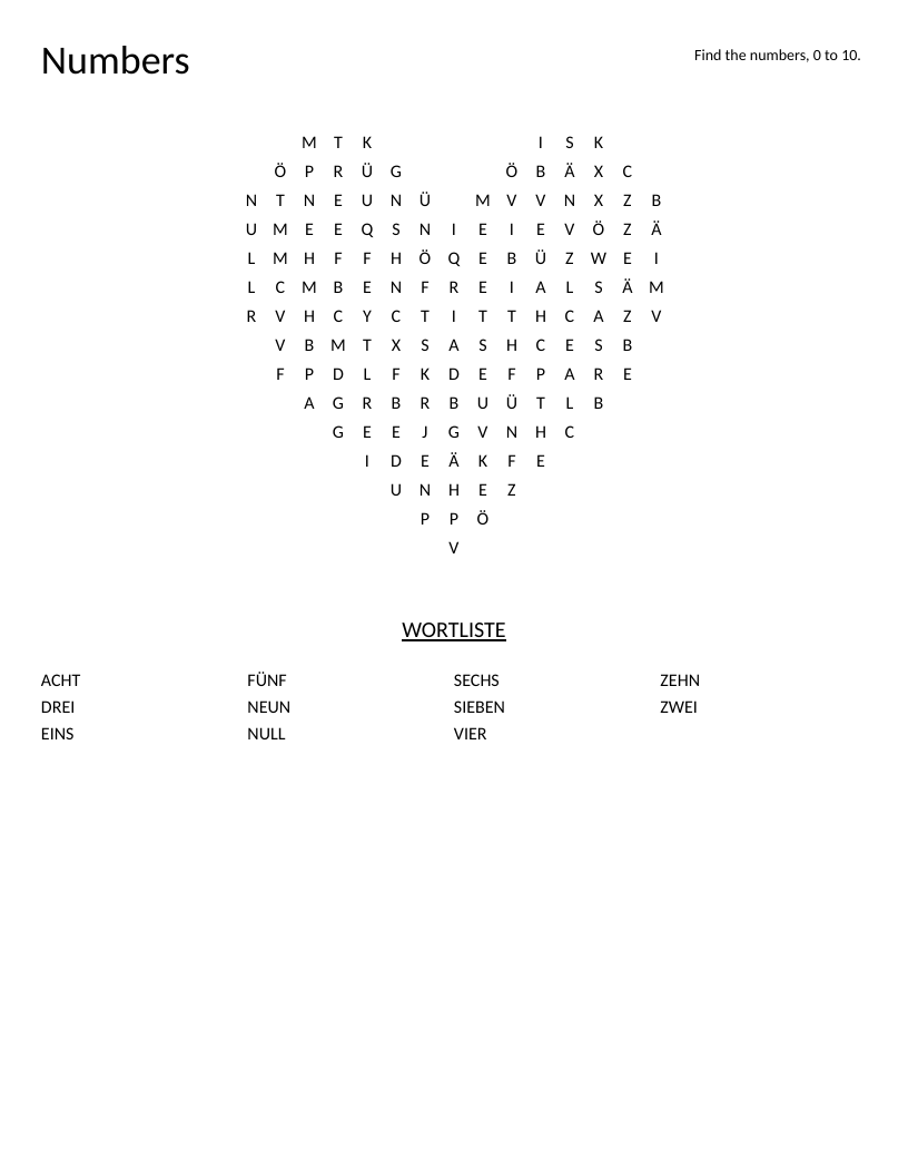 Heart-shaped German numbers word search with counting words eins through zehn.