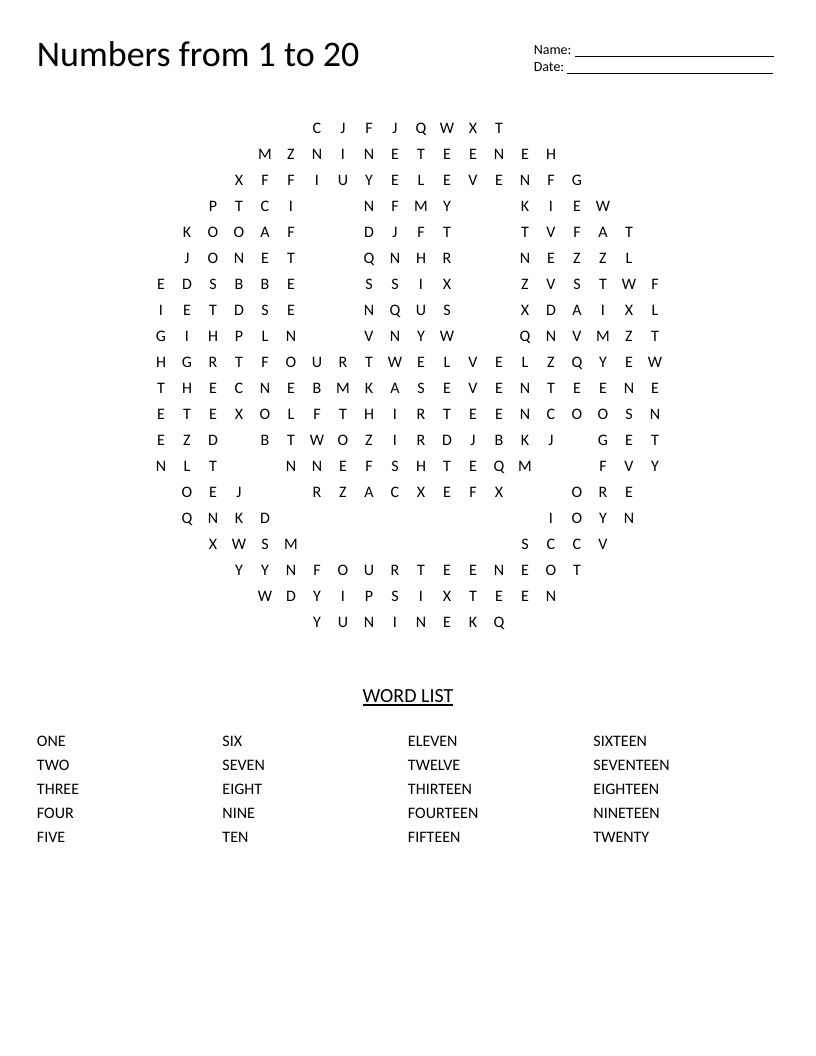 Smiley-shaped numbers 1–20 word search for early elementary counting practice.