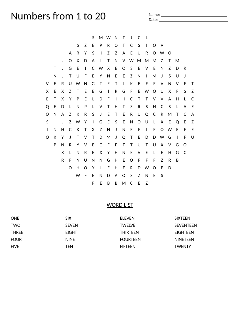 Circle-shaped word search with number words one through twenty for early elementary.
