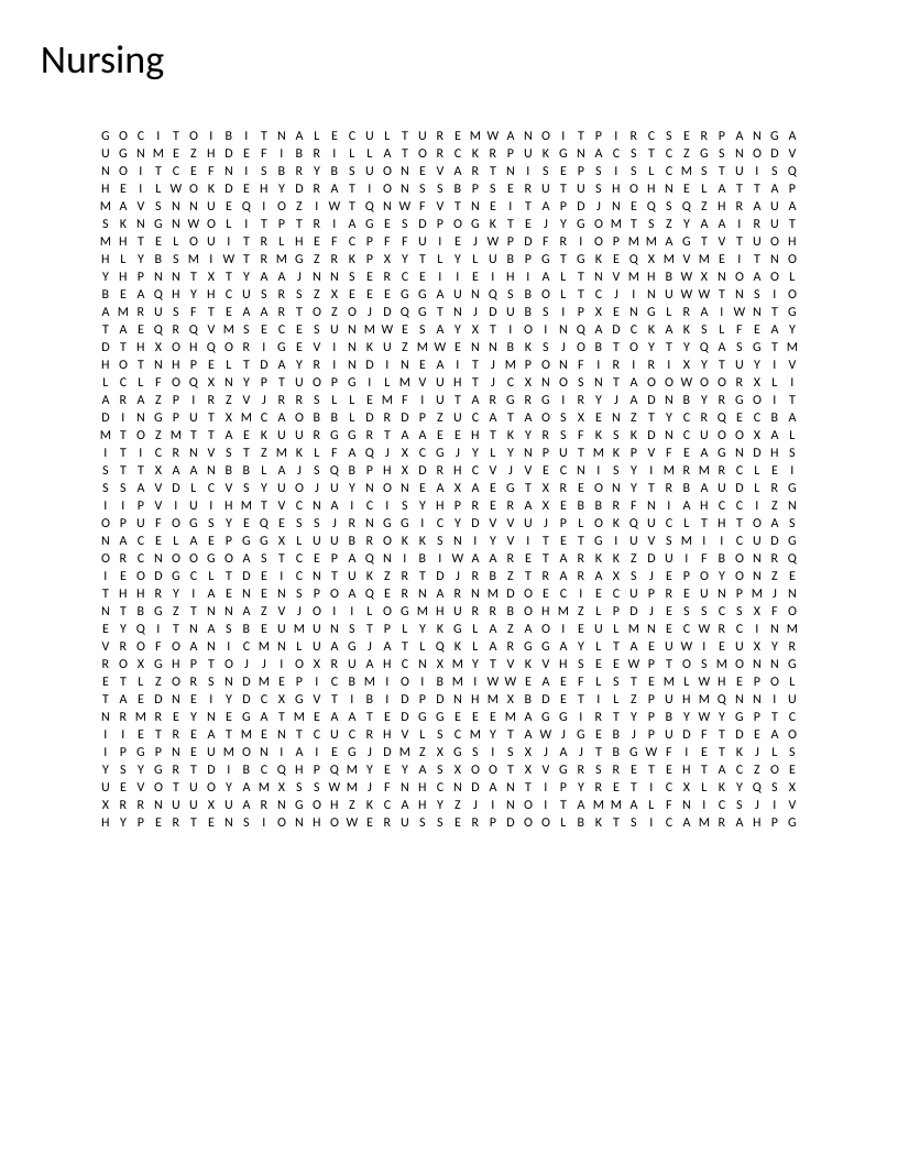 Nursing word search featuring medical terminology like triage, diagnosis, vital signs, and medication.