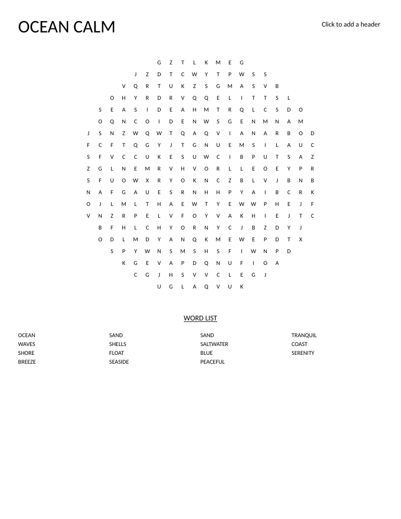 Circular ocean word search with beach words like waves, shells, and serenity.