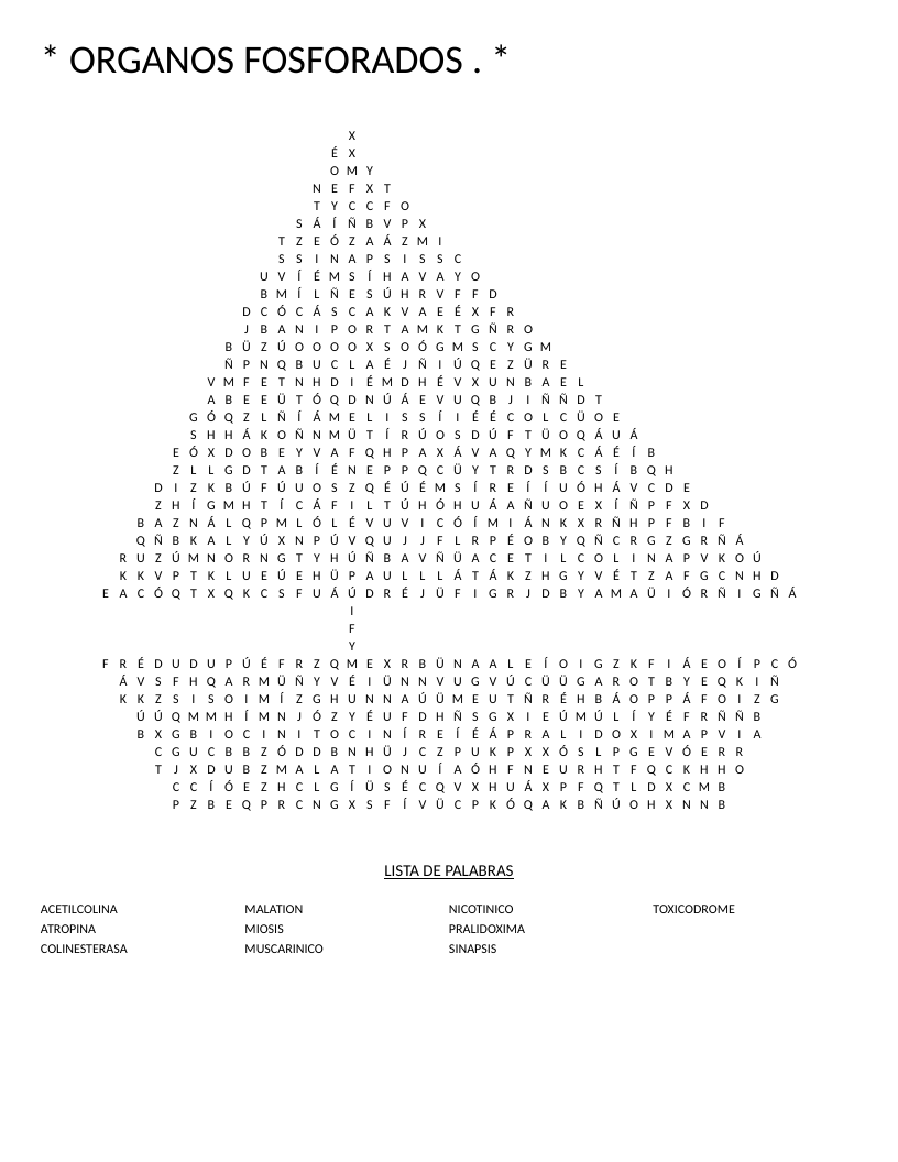 Organophosphate toxicology word search in Spanish with terms like acetilcolina and colinesterasa.