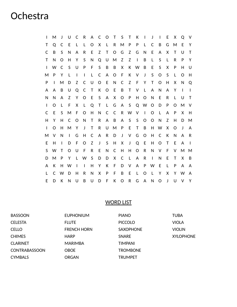 Orchestra word search with musical instruments including violin, trumpet, and xylophone.