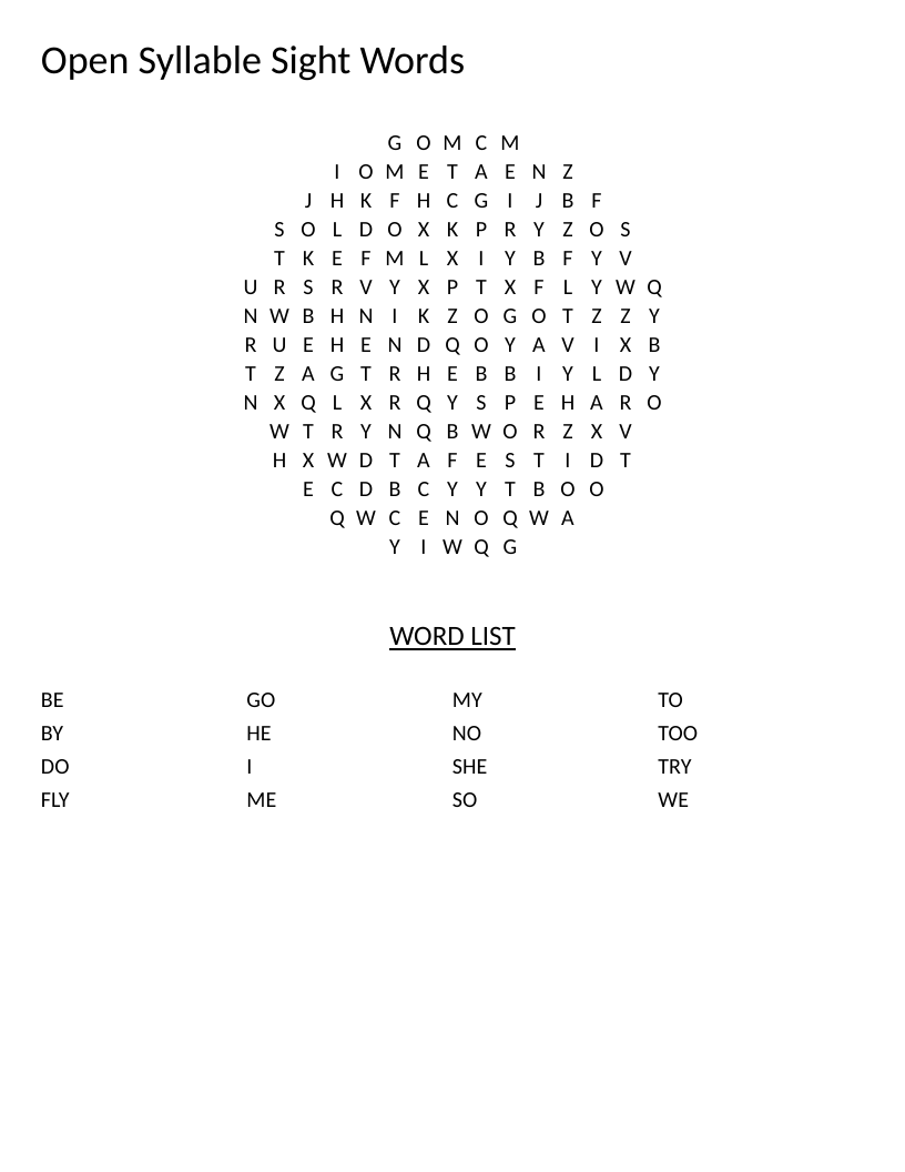 Circle-shaped sight words word search with open-syllable words like me, we, go, and fly.