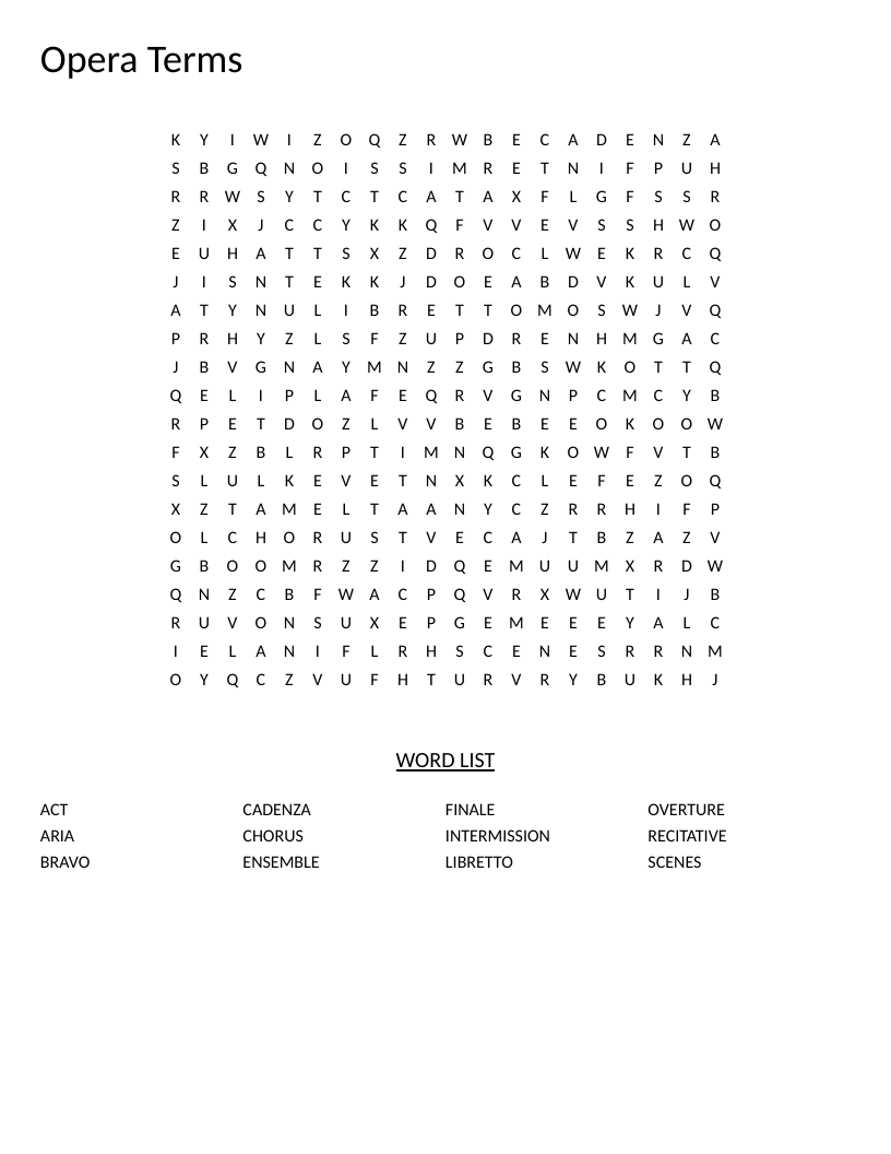 Opera terms word search with hidden words like aria, libretto, cadenza, and overture.