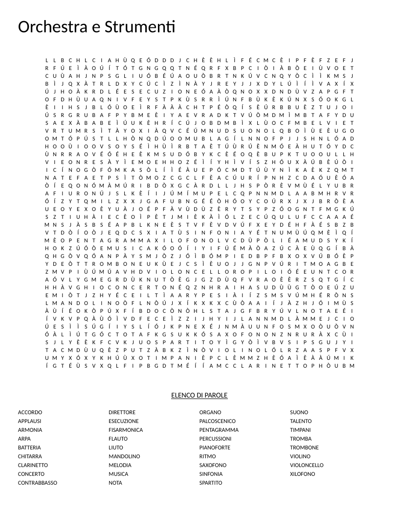 Italian orchestra and instruments word search with terms like pianoforte, violino, and saxofono.