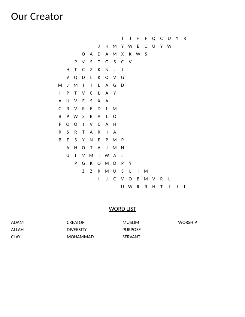 Moon-shaped Islamic faith word search with words like Allah, Mohammad, and worship.