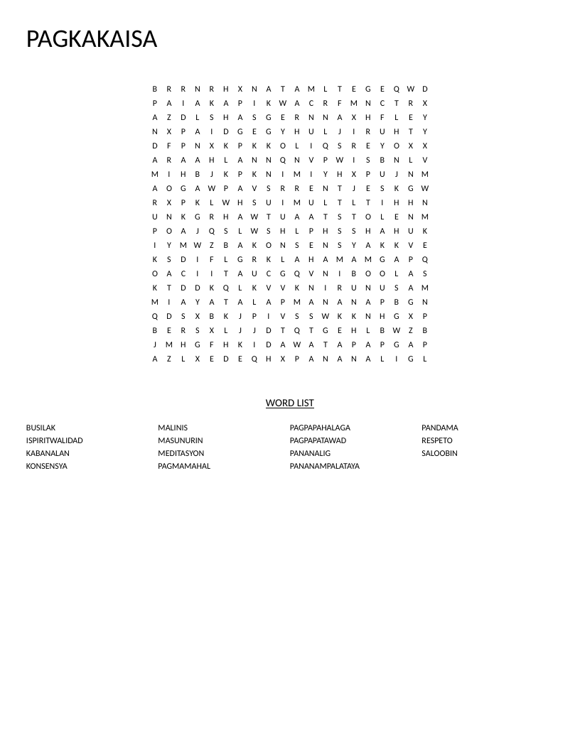 Tagalog word search on spiritual values including pagmamahal, respeto, and pananampalataya.