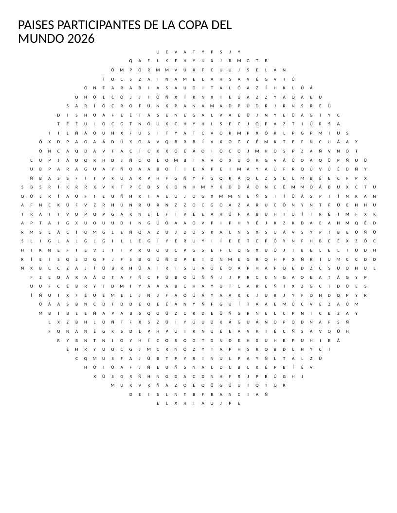 Spanish word search with 2026 World Cup countries like Argentina, Brasil, France, and Germany in a circle.