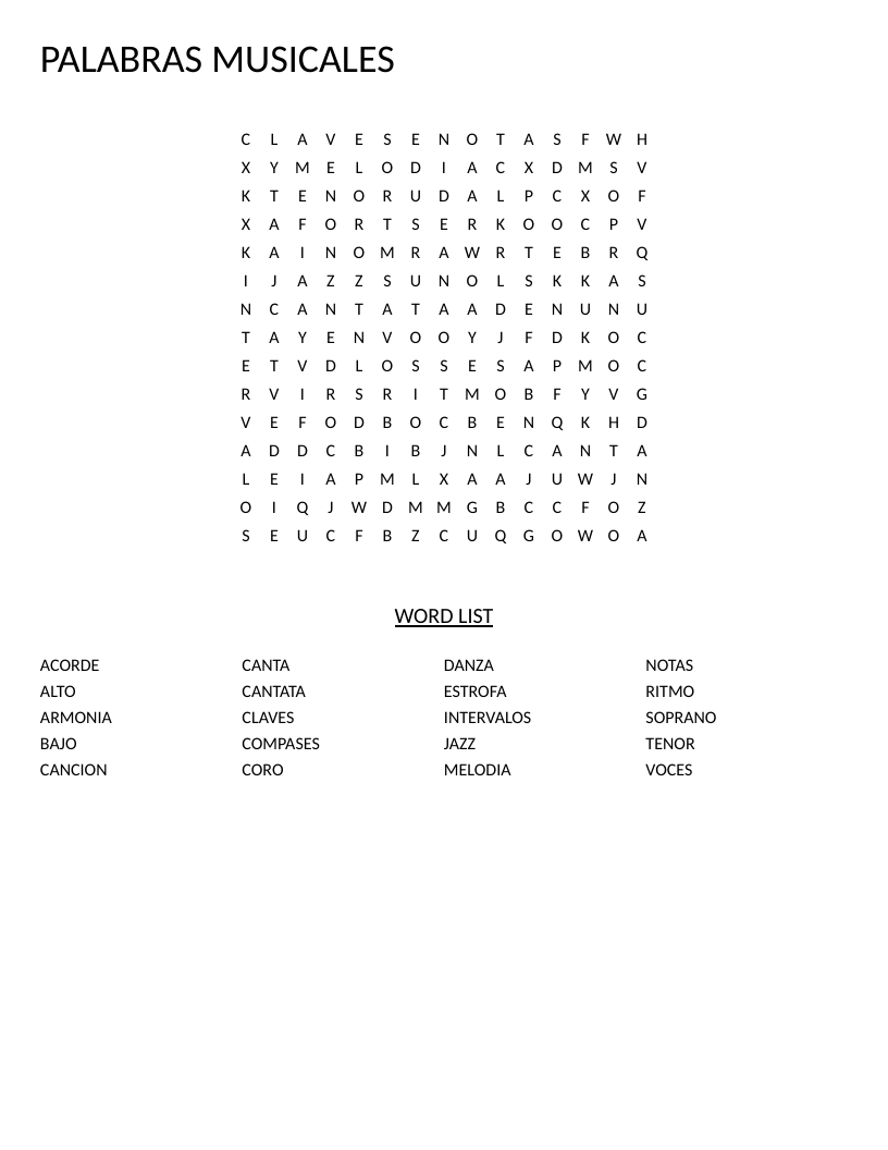 Spanish music vocabulary word search including melodía, armonía, ritmo, and acordes.
