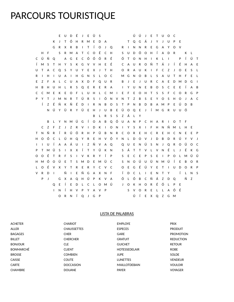 Clover-shaped French travel word search with vocabulary like guichet, billet, and gare.