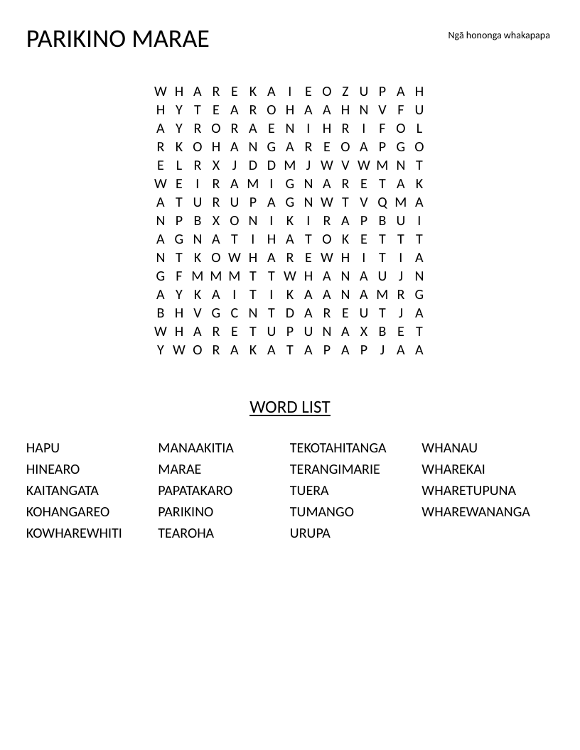 Te Reo Māori word search featuring Parikino Marae vocabulary and whakapapa terms.