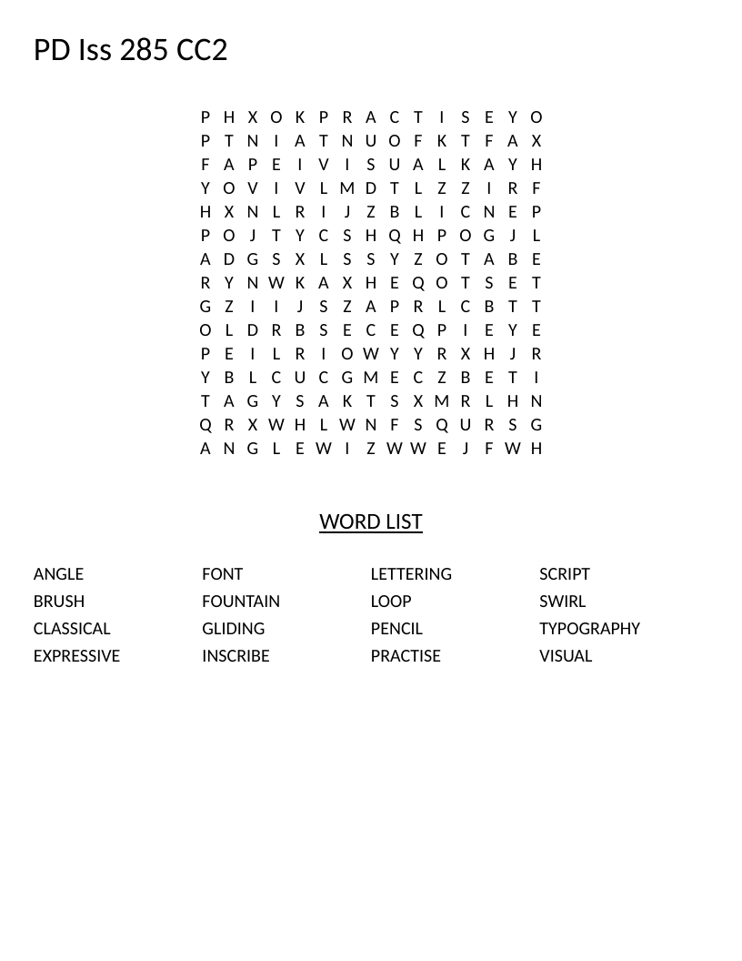 Calligraphy word search with terms like script, typography, swirl, and fountain.