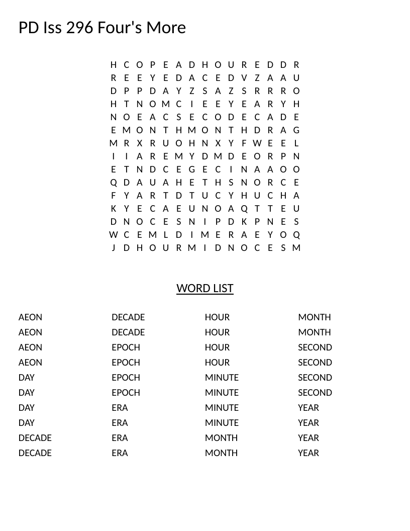 Time units word search with words like second, minute, hour, day, and year.