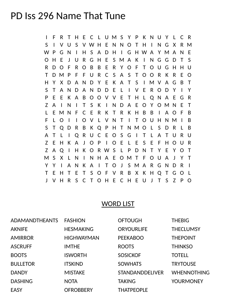 1980s music trivia word search with lyrics from Adam and the Ants and Stand and Deliver.