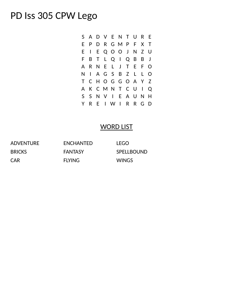 Lego word search for young children with words like bricks, adventure, and flying.