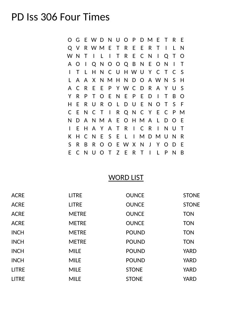 Measurement units word search with words like acre, inch, pound, and yard, each repeated four times.