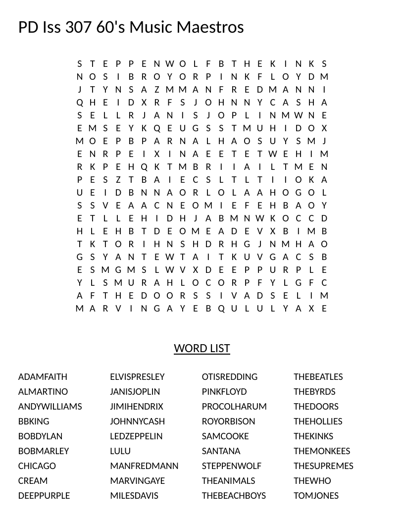 1960s music word search featuring The Beatles, Jimi Hendrix, Bob Dylan, and other legendary artists.