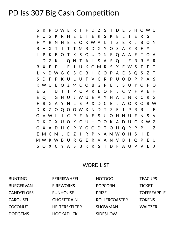 Carnival word search with amusement park words like roller coaster, ferris wheel, and ghost train.