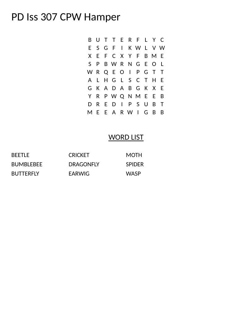 Insects word search with words like beetle, butterfly, dragonfly, and spider.