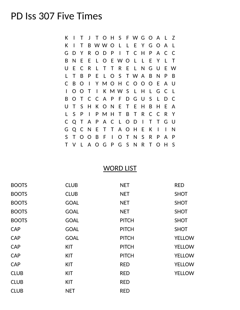 Soccer word search with repeated vocabulary including boots, pitch, goal, and kit.