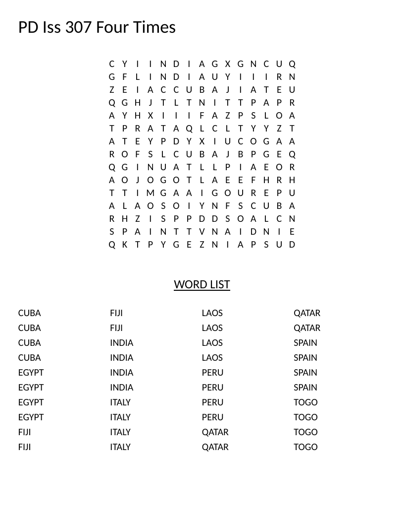 World geography word search with countries including Cuba, Egypt, India, and Spain.