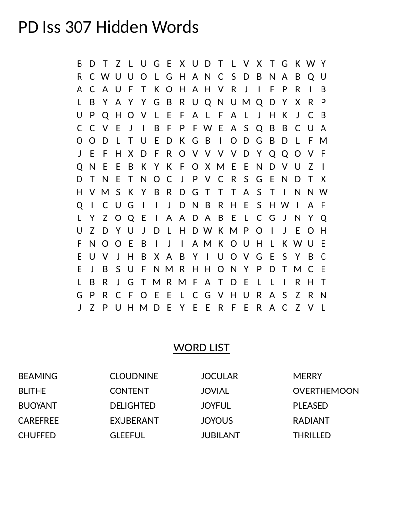 Happiness synonyms word search with words like joyful, jubilant, exuberant, and radiant.