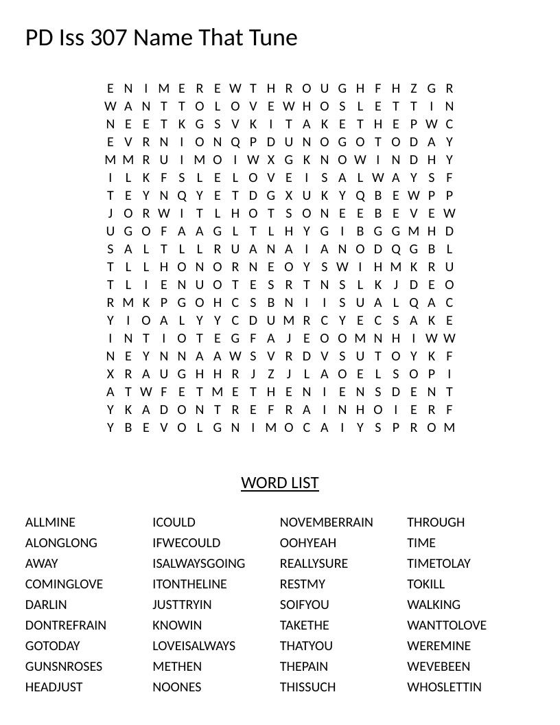 Word search based on Guns N' Roses' November Rain lyrics and song phrases.