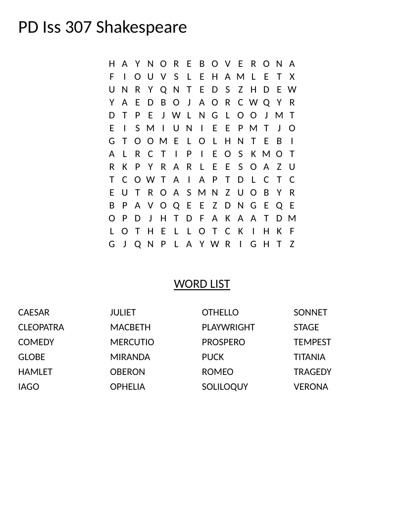 Shakespeare word search with play titles like Hamlet, Macbeth, and Romeo and Juliet.