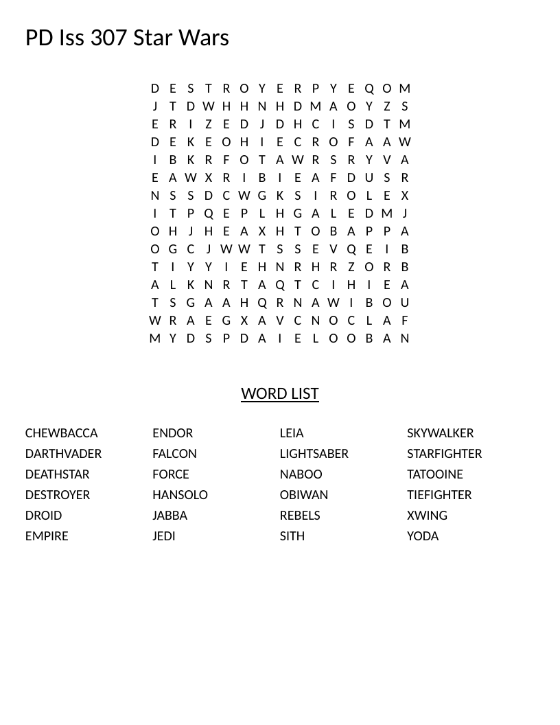 Star Wars word search with characters like Chewbacca, Darth Vader, Yoda, and X-Wing.