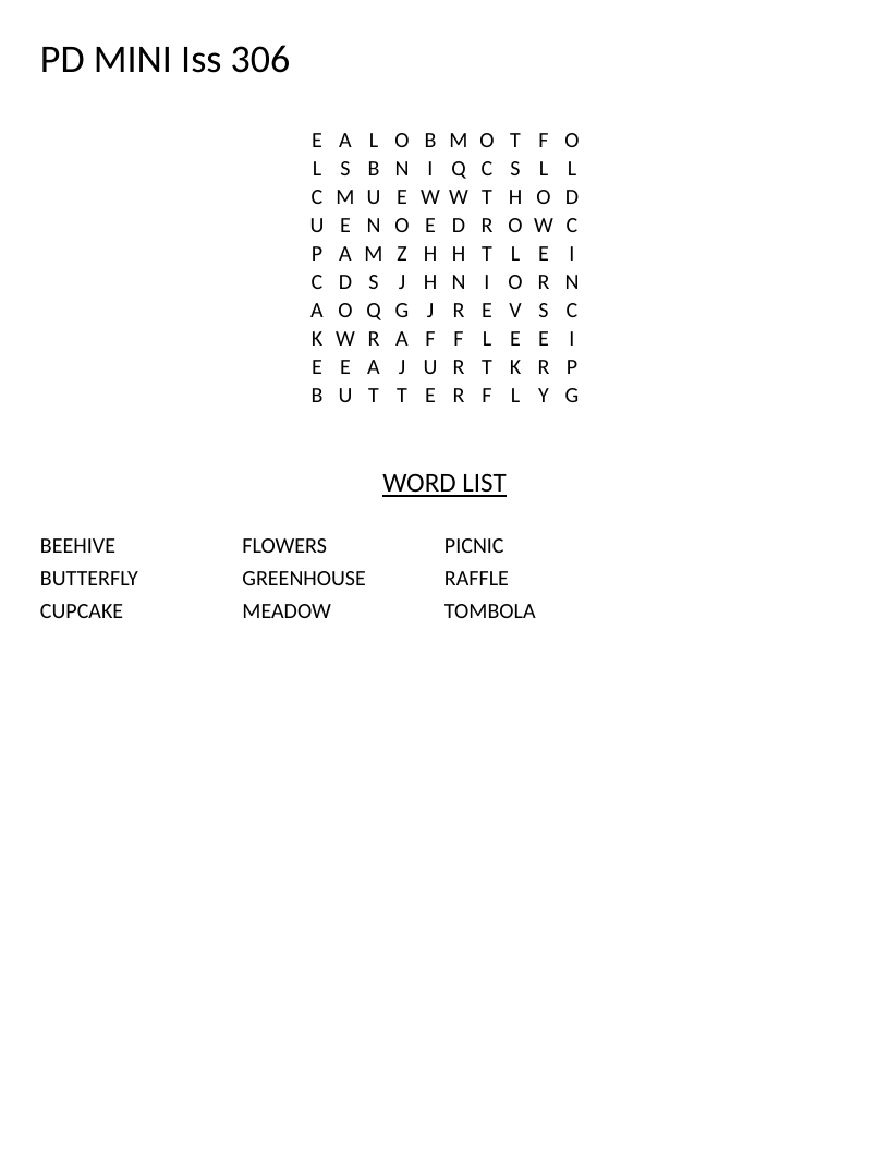 Spring garden word search with beehive, butterfly, flowers, and greenhouse words.
