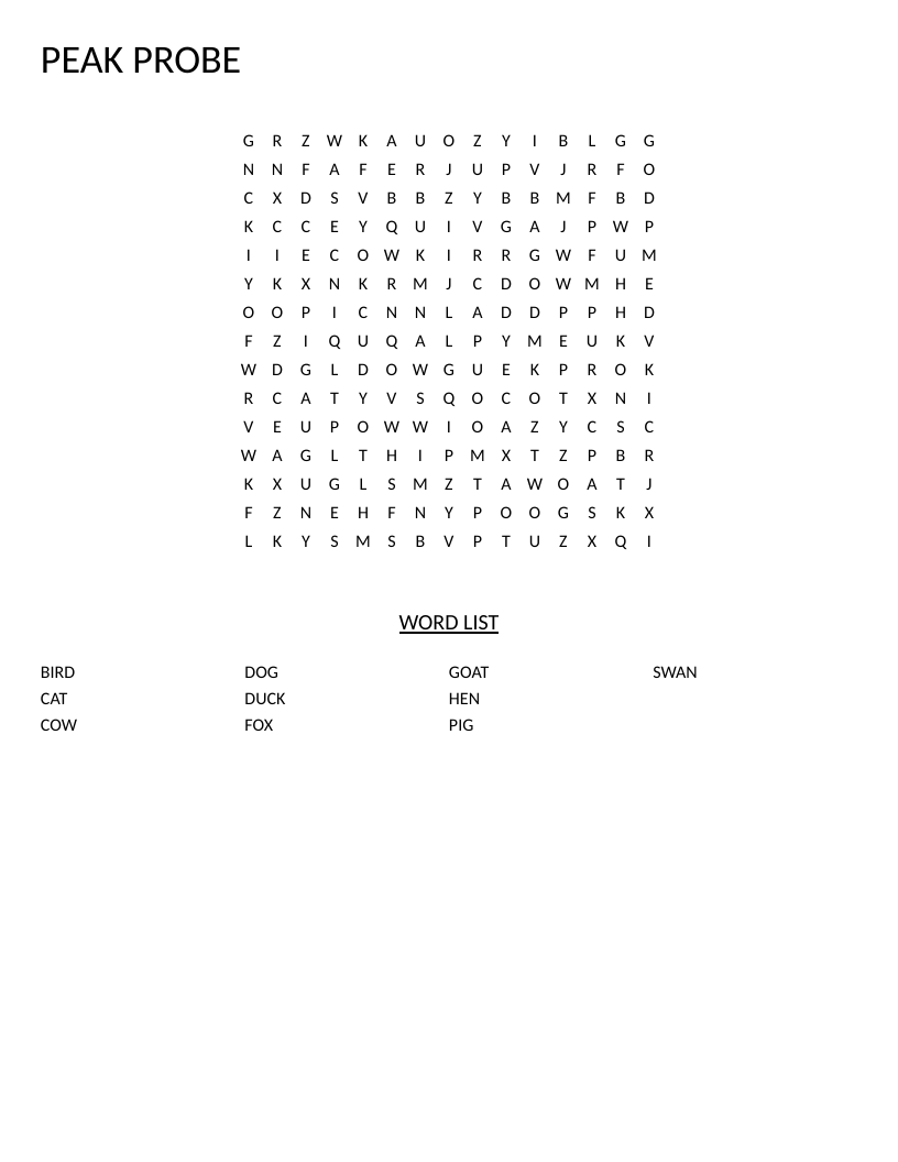 Farm animals word search with words like cow, duck, pig, and swan.
