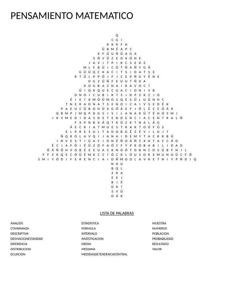 Tree-shaped Spanish math word search with statistics terms like media and covarianza.