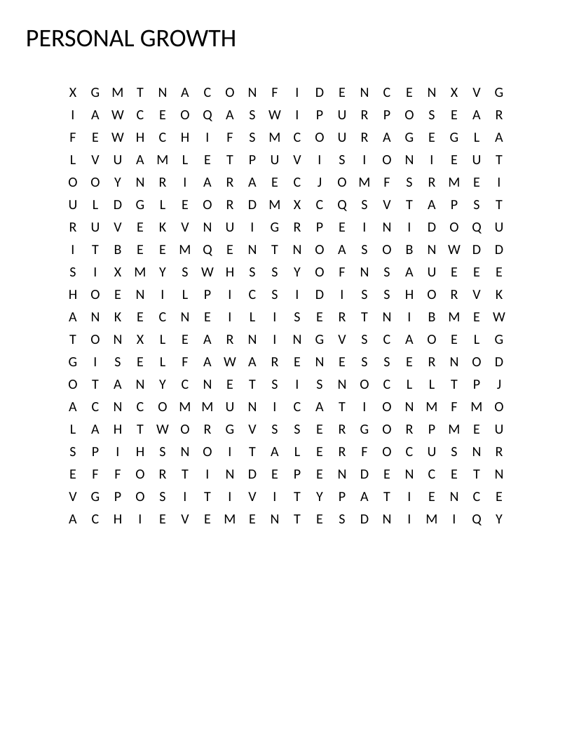 Personal growth word search with words like mindset, resilience, gratitude, and achievement.
