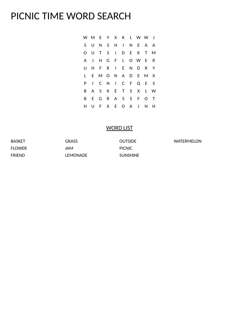 Summer picnic word search with words like watermelon, lemonade, and basket.