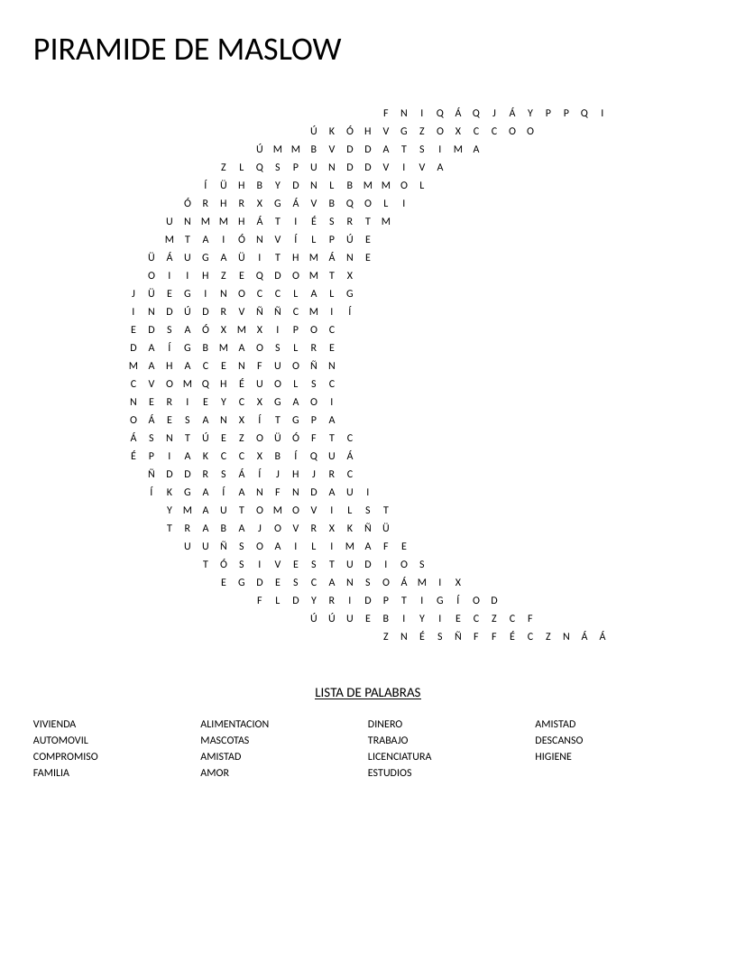 Moon-shaped Maslow's hierarchy of needs word search in Spanish with words like vivienda and amistad.