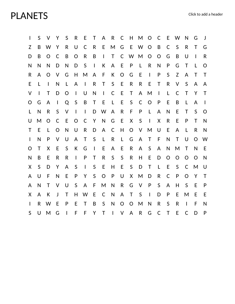 Planets word search with solar system vocabulary including Mercury, Jupiter, Saturn, and eclipse.