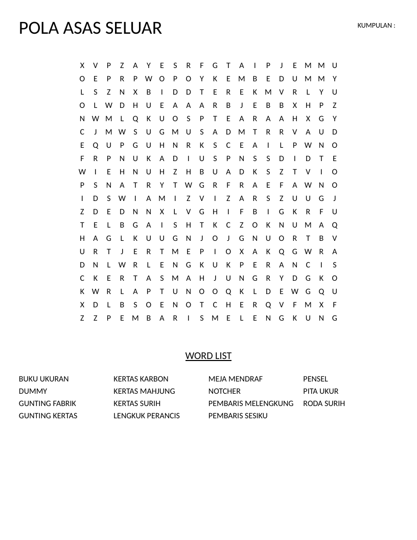 Indonesian sewing word search with tailoring vocabulary including pensel, guntingfabrik, and kertaskarbon.