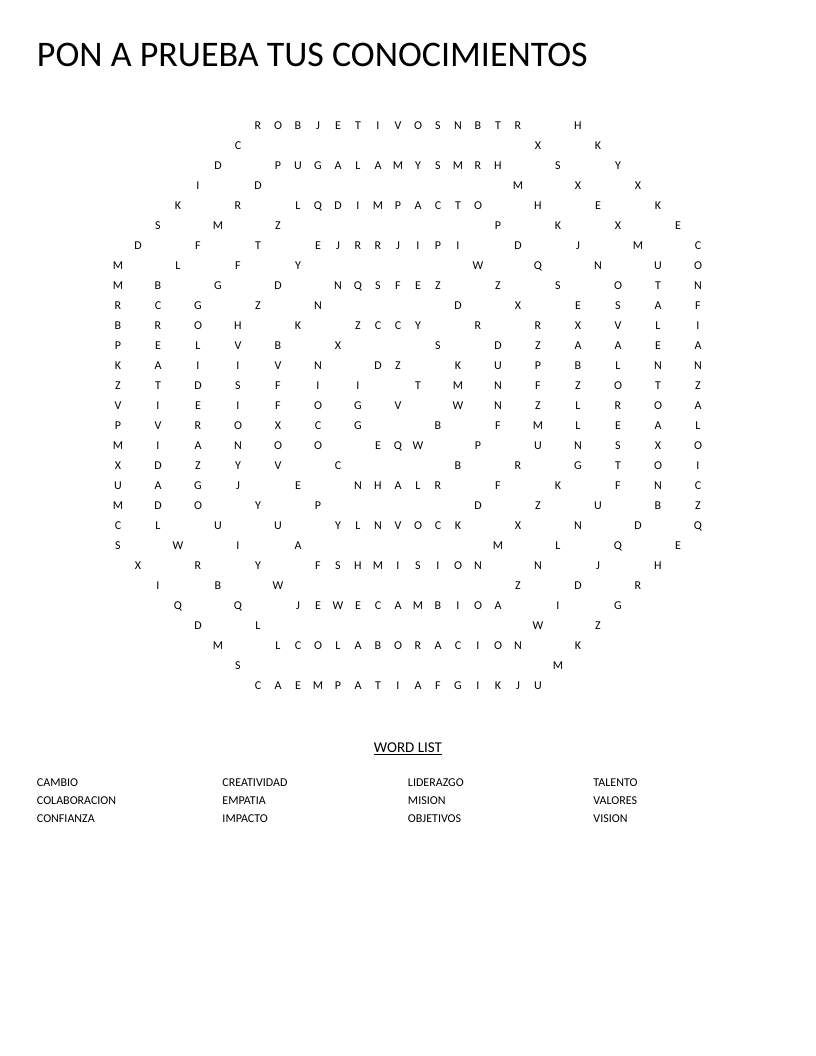 Spanish business values word search in spiral shape with liderazgo, empatía, and misión.