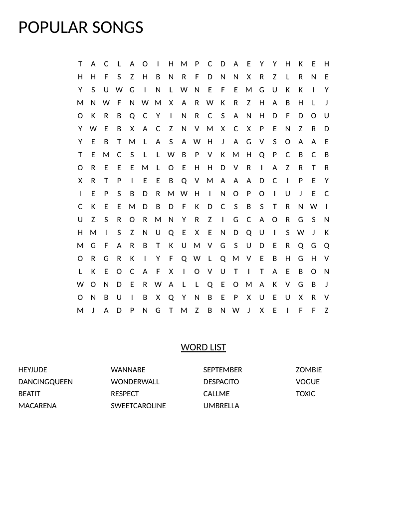 Popular songs word search with hit tracks like Hey Jude, Macarena, and Despacito.