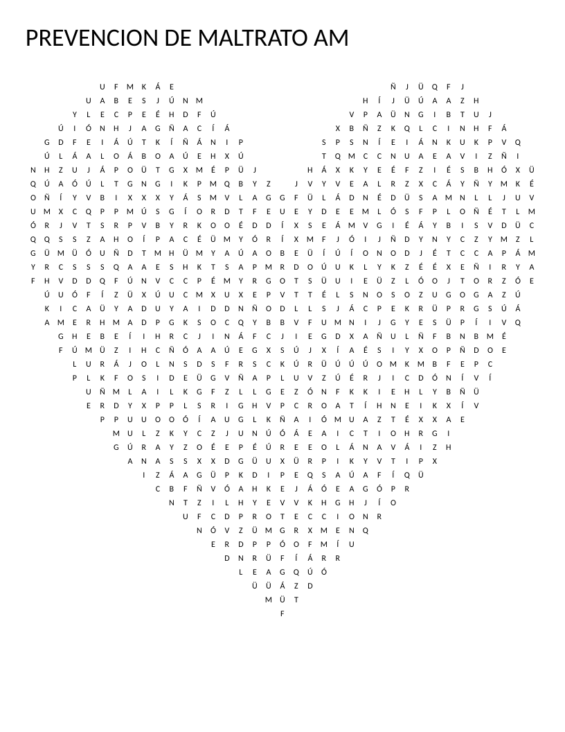 Spanish abuse prevention word search with resources like denuncia, fiscalía, and línea de emergencias.