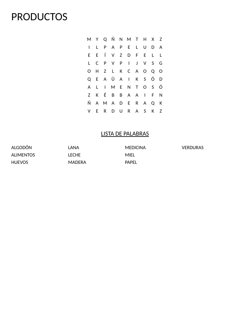 Spanish productos word search with vocabulary words like alimentos, miel, and leche.