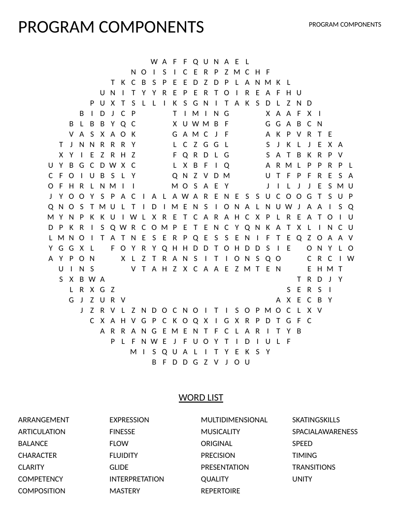 Smiley-shaped figure skating word search with terms like musicality, interpretation, and transitions.