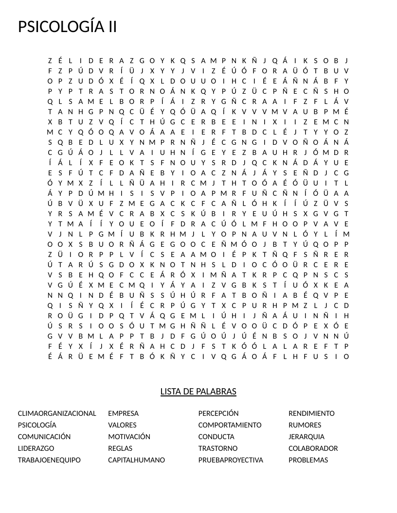 Spanish organizational psychology word search with terms like liderazgo and clima organizacional.