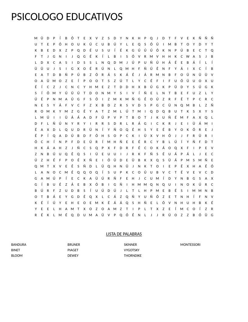 Educational psychology word search with names of learning theorists like Piaget, Vygotsky, and Montessori.