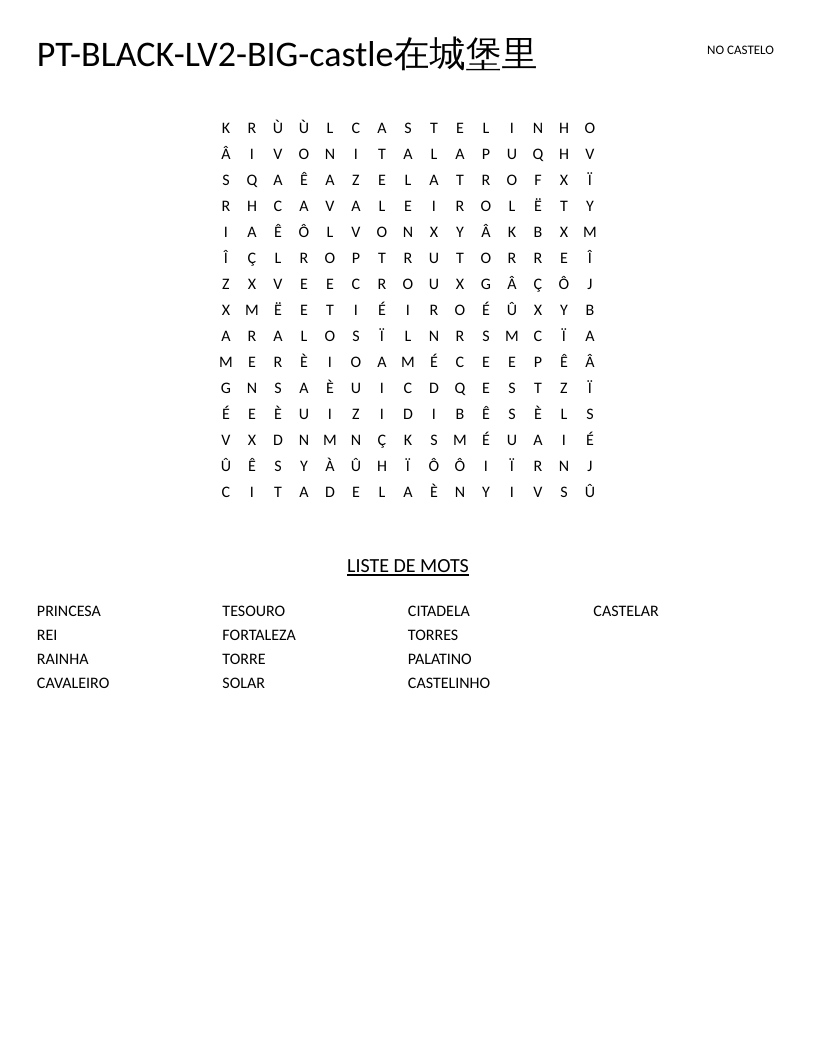 Portuguese castle word search with words like princesa, cavaleiro, and fortaleza.