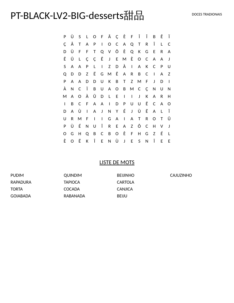 Portuguese word search on Brazilian desserts with words like pudim, quindim, and cocada.